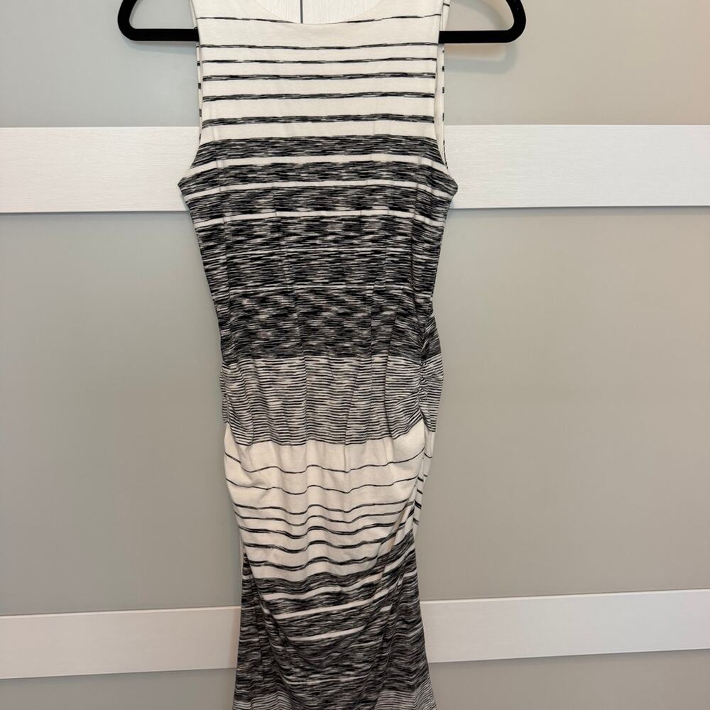 Athleta Womens Small Striped Ruched Midi Dress Black White Sleeveless Stretch